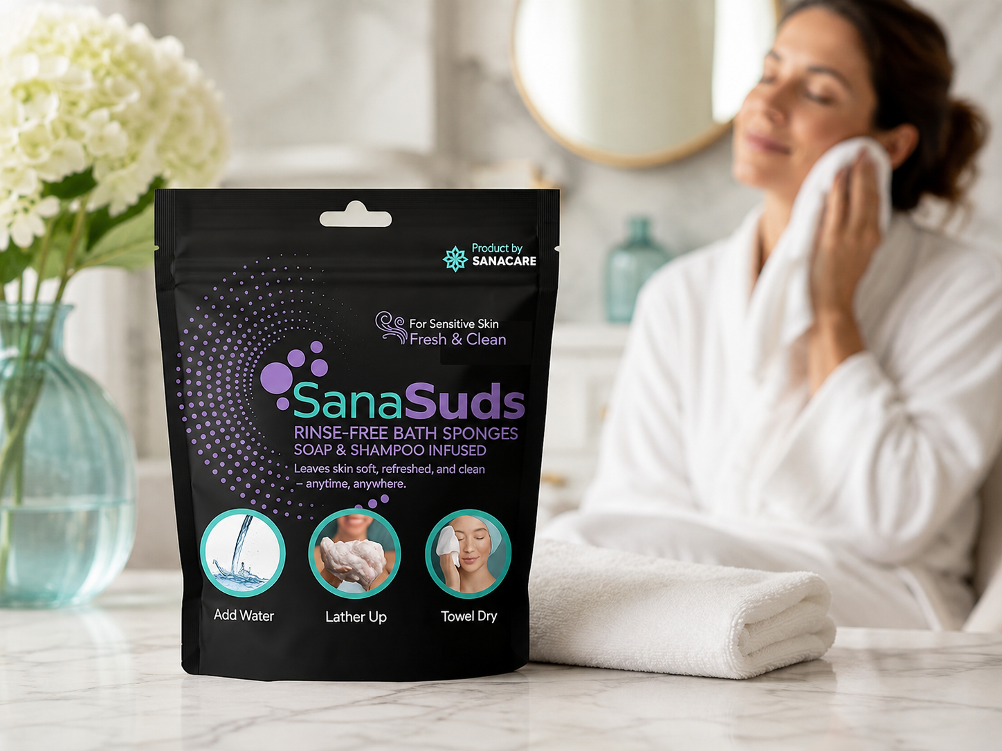 A SanaSuds pouch on a clean counter in a calm care setting